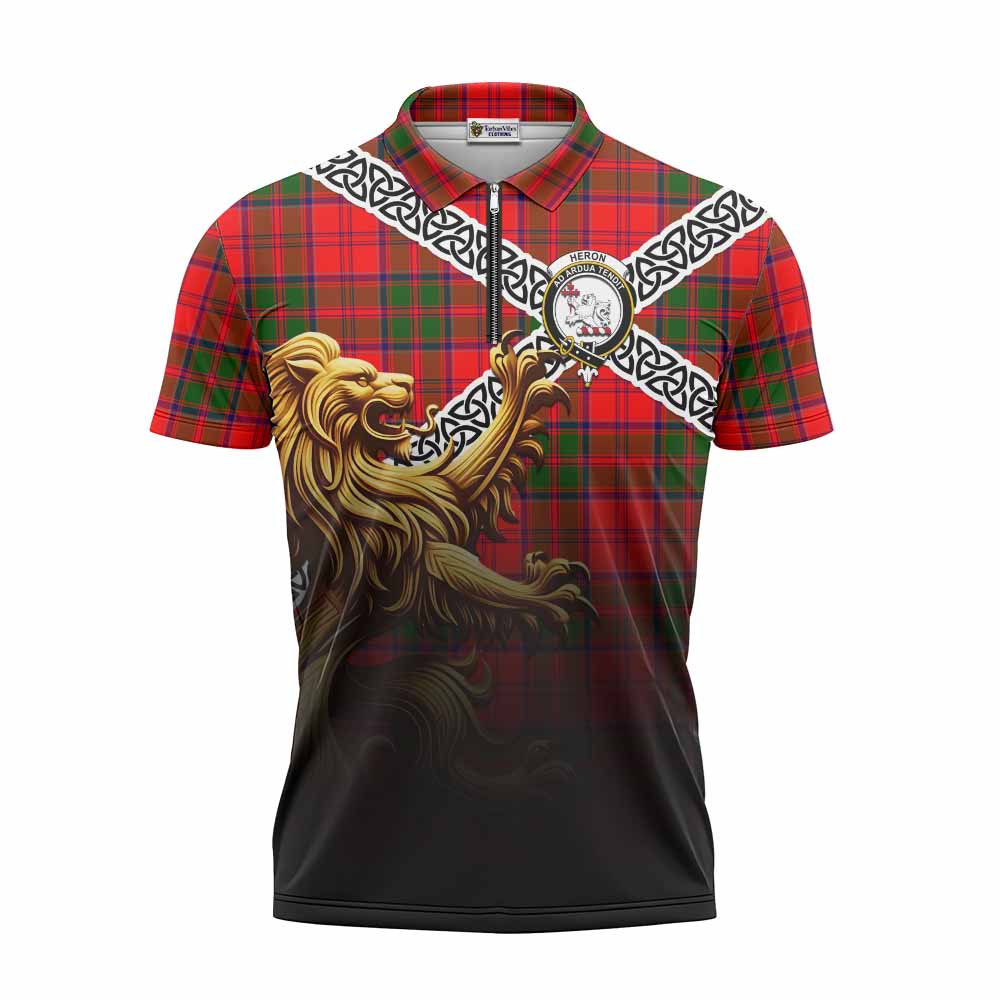 Heron Crest Tartan Zipper Polo Shirt with Golden Lion Emblem Celtic Style Unisex - Tartan Vibes Clothing