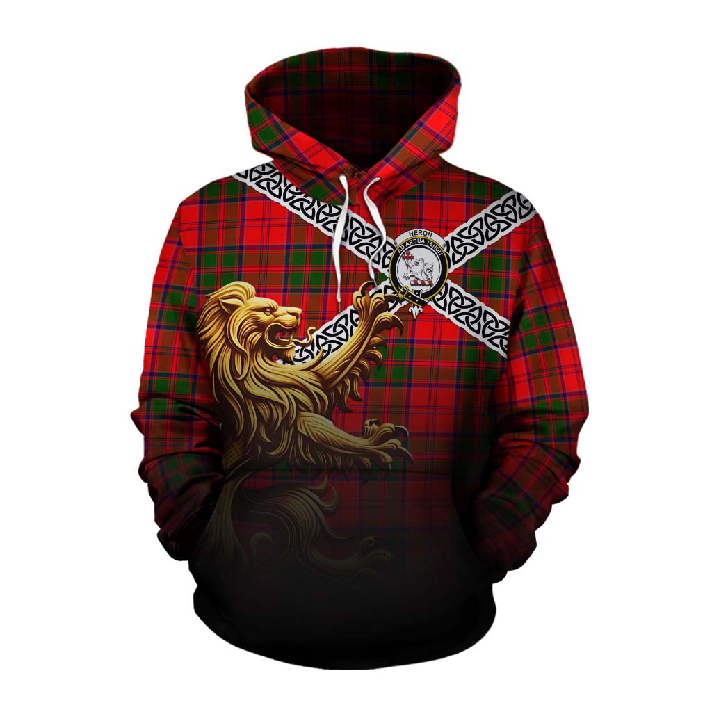 Heron Crest Tartan Cotton Hoodie with Golden Lion Emblem Celtic Style Pullover Hoodie XS - Tartan Vibes Clothing