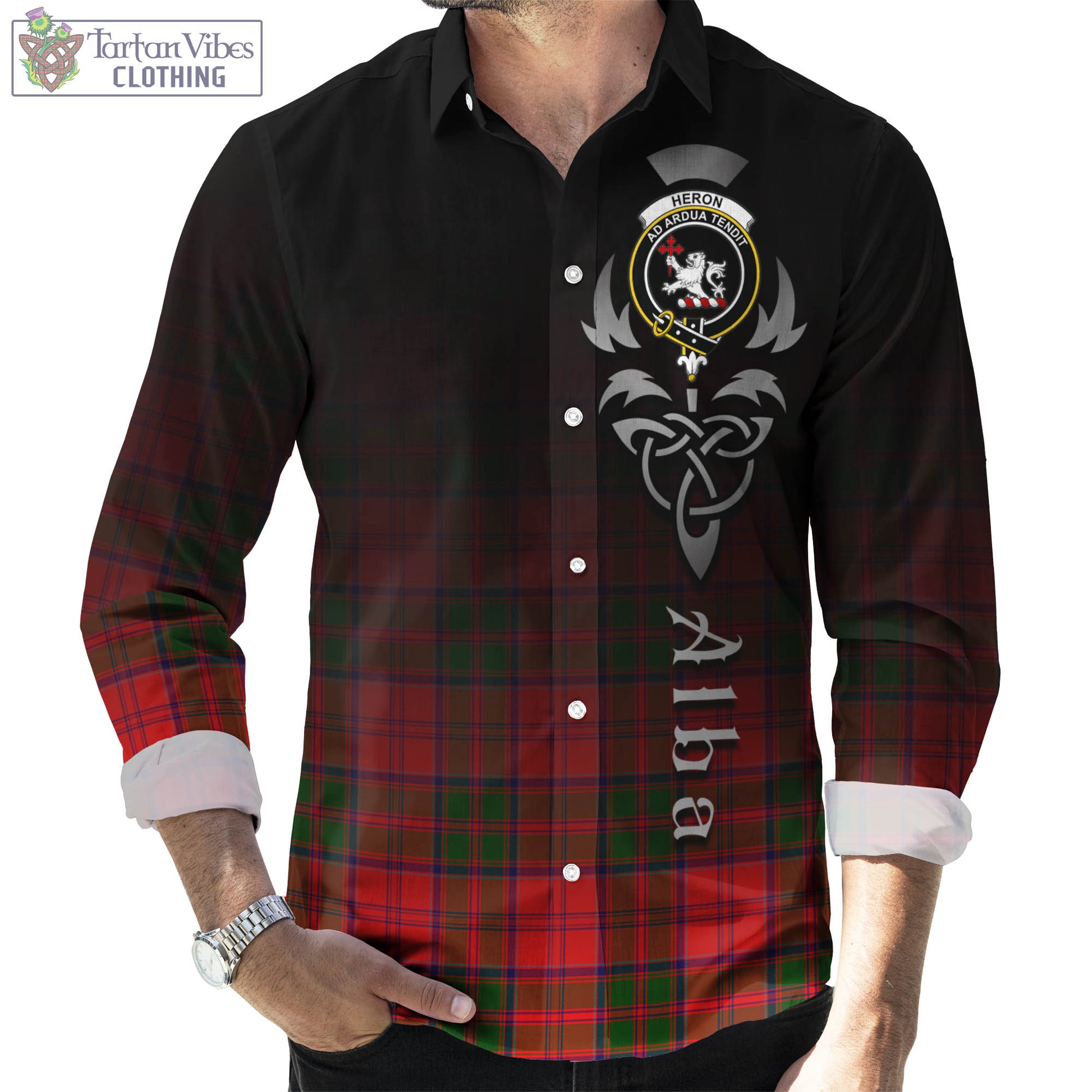 Heron Tartan Long Sleeve Button Up Featuring Alba Gu Brath Family Crest Celtic Inspired Men's Shirt - Tartan Vibes Clothing