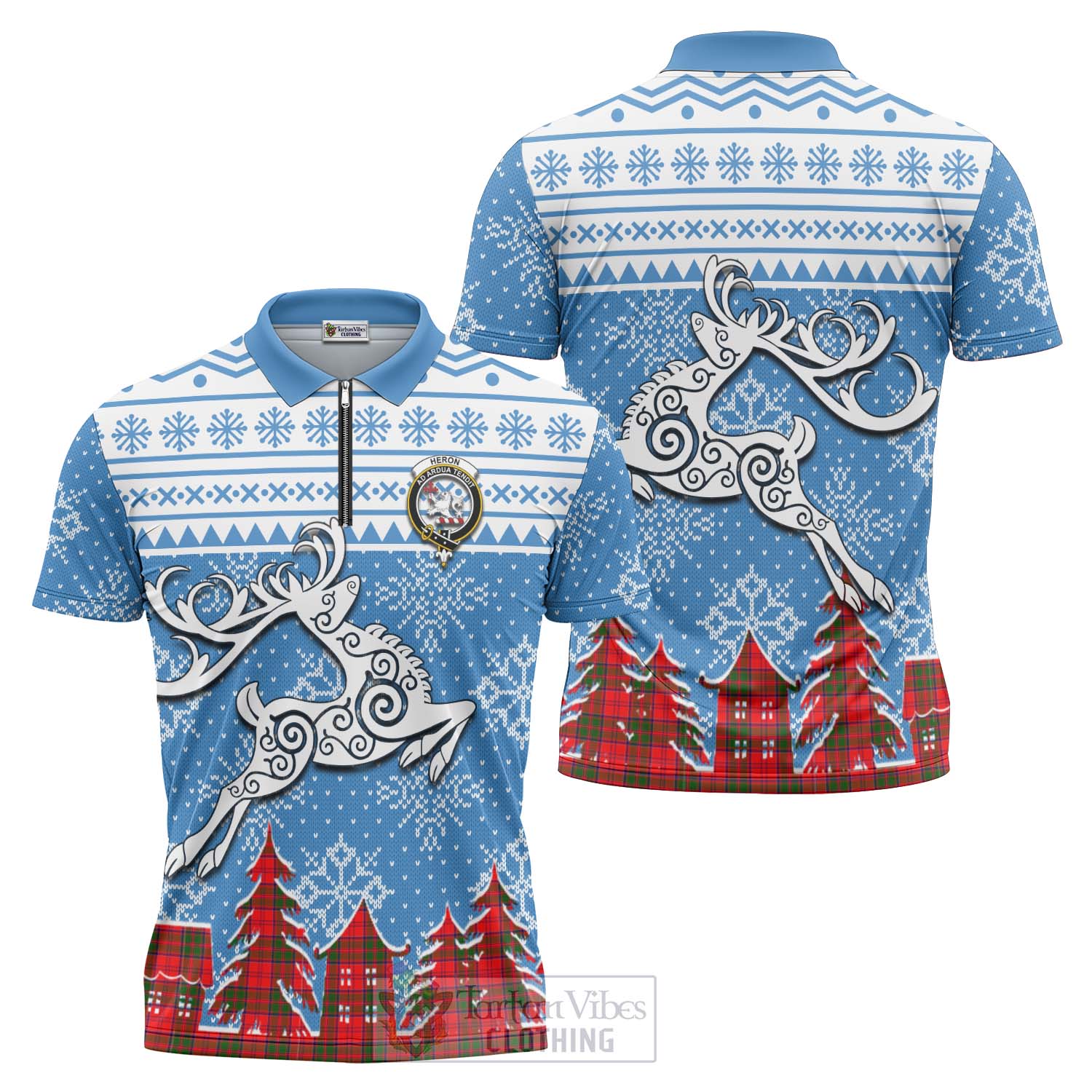 Heron Clan Christmas Zipper Polo Shirt Celtic Reindeer Style Unisex - Tartan Vibes Clothing