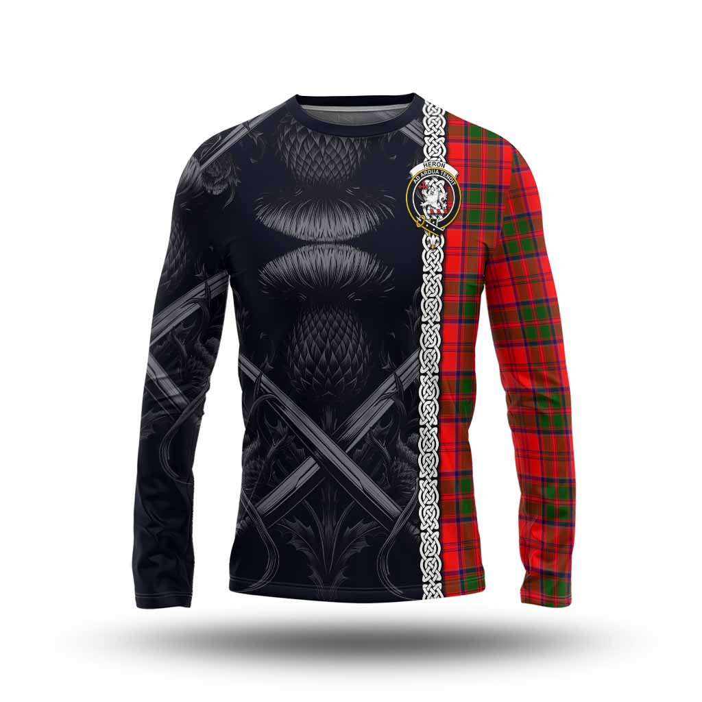 Heron Tartan Long Sleeve T-Shirt with Family Crest Cross Sword Thistle Celtic Vibes Unisex - Tartan Vibes Clothing