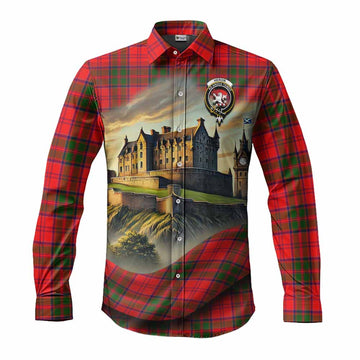 Tartan Vibes Clothing Heron Tartan Family Crest Long Sleeve Button Shirt with Scottish Ancient Castle Style