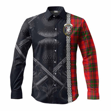 Tartan Vibes Clothing Heron Tartan Long Sleeve Button Shirt with Family Crest Cross Sword Thistle Celtic Vibes