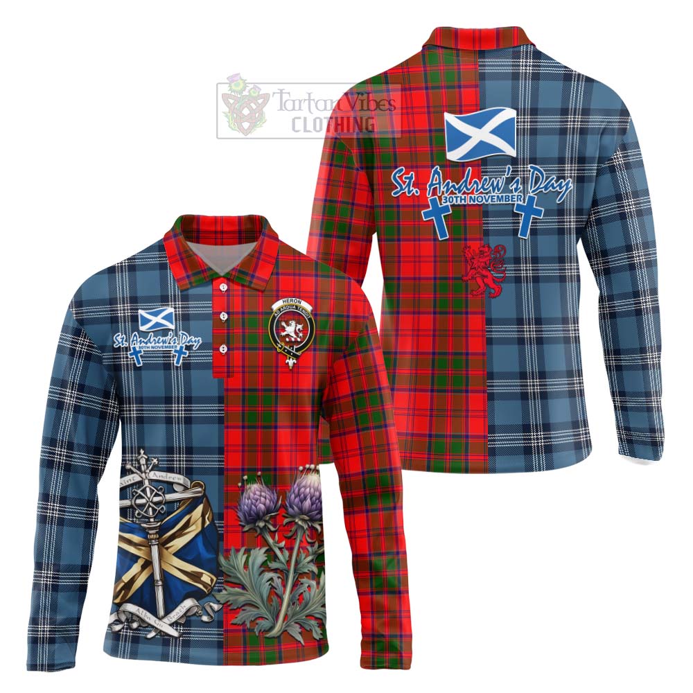 Heron Tartan Long Sleeve Polo Shirt Happy St. Andrew's Day Half Tartan Style Unisex - Tartan Vibes Clothing