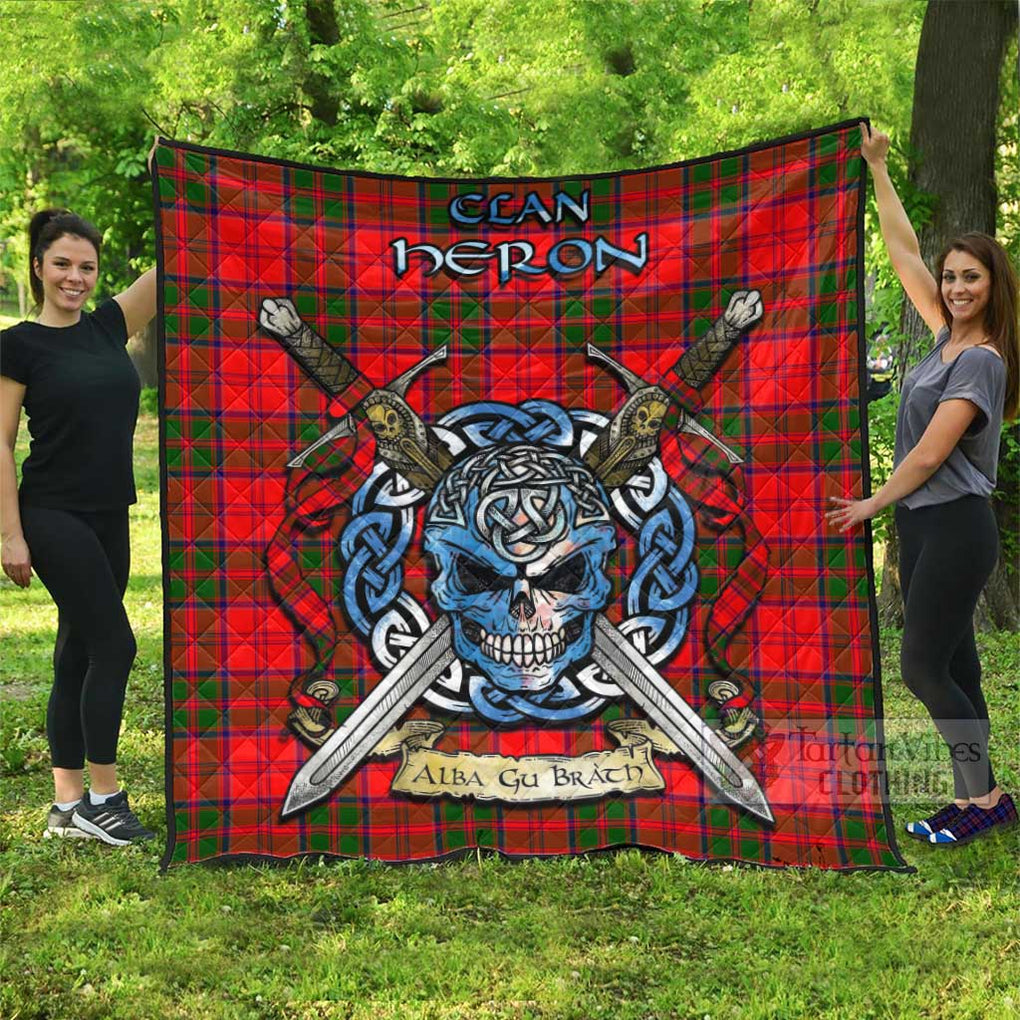 Heron Tartan Quilt with Celtic Skull Alba Gu Brath Style Super King Quilt 91" x 110" - Tartan Vibes Clothing