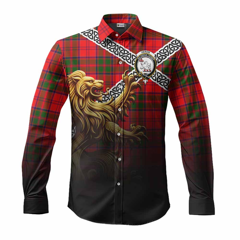 Heron Crest Tartan Long Sleeve Button Shirt with Golden Lion Emblem Celtic Style Men's Shirt S - Tartan Vibes Clothing
