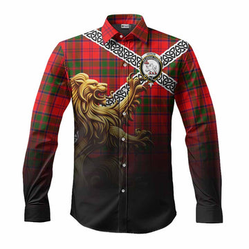 Heron Crest Tartan Long Sleeve Button Shirt with Golden Lion Emblem Celtic Style Men's Shirt S - Tartan Vibes Clothing
