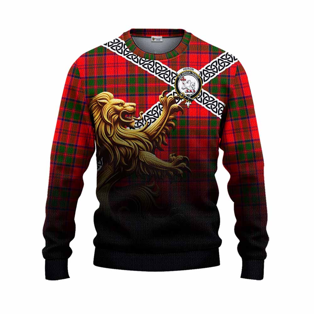 Heron Crest Tartan Knitted Sweater with Golden Lion Emblem Celtic Style Unisex - Tartan Vibes Clothing