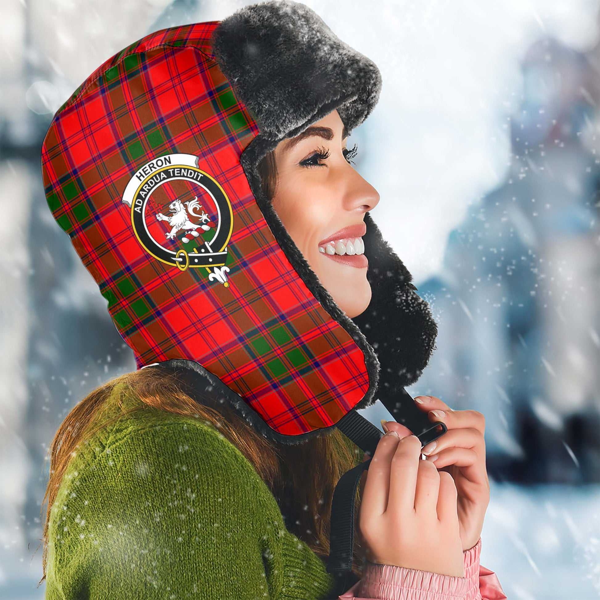 Heron Tartan Winter Trapper Hat with Family Crest Winter Trapper Hat Universal Fit Circumference 22.8in (58cm) - Tartan Vibes Clothing