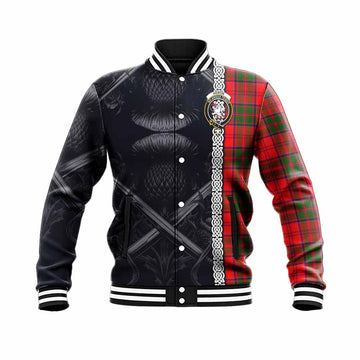 Heron Tartan Baseball Jacket with Family Crest Cross Sword Thistle Celtic Vibes Unisex - Tartan Vibes Clothing