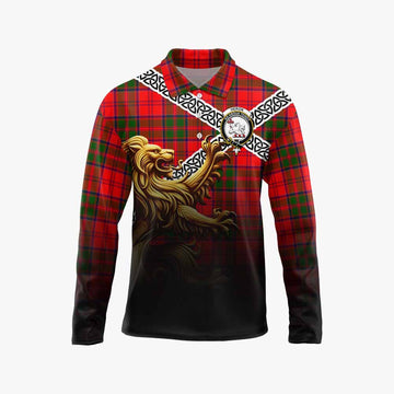 Heron Crest Tartan Long Sleeve Polo Shirt with Golden Lion Emblem Celtic Style Unisex - Tartan Vibes Clothing
