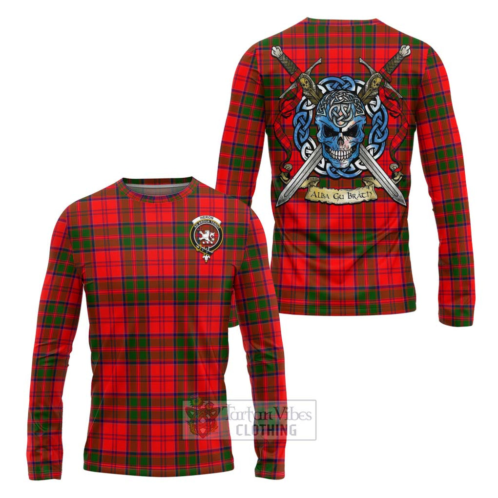 Heron Tartan Long Sleeve T-Shirt with Family Crest Celtic Skull Style Unisex - Tartan Vibes Clothing