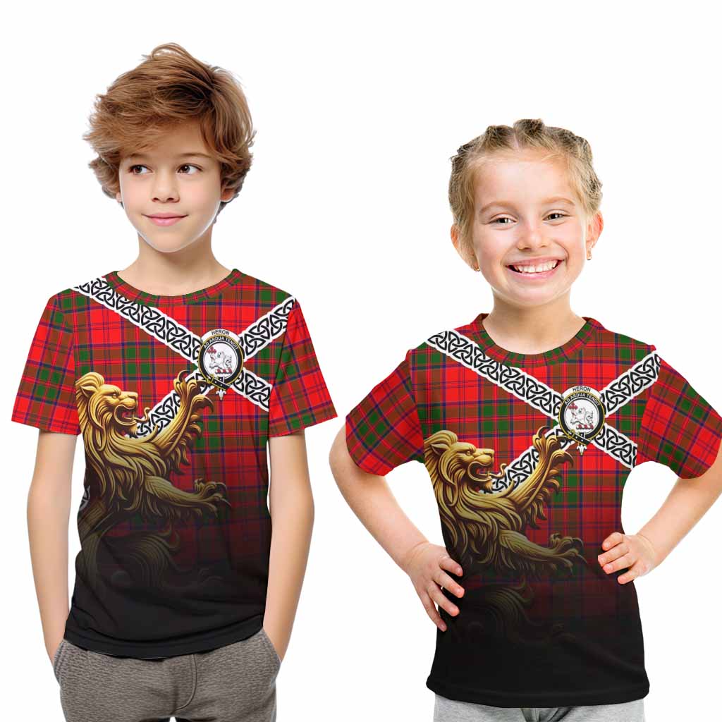 Heron Crest Tartan Kid T-Shirt with Golden Lion Emblem Celtic Style Youth XL Size14 - Tartan Vibes Clothing