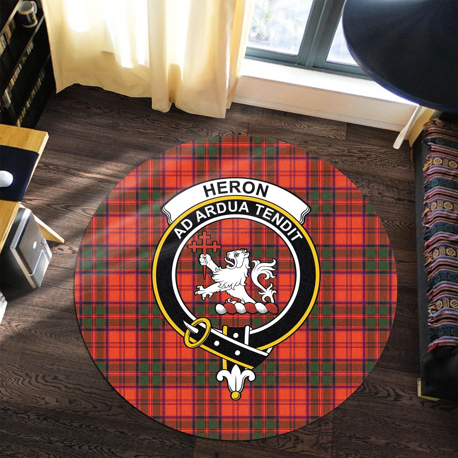 Heron Tartan Round Rug with Family Crest Premium Round Rug - Tartan Vibes Clothing
