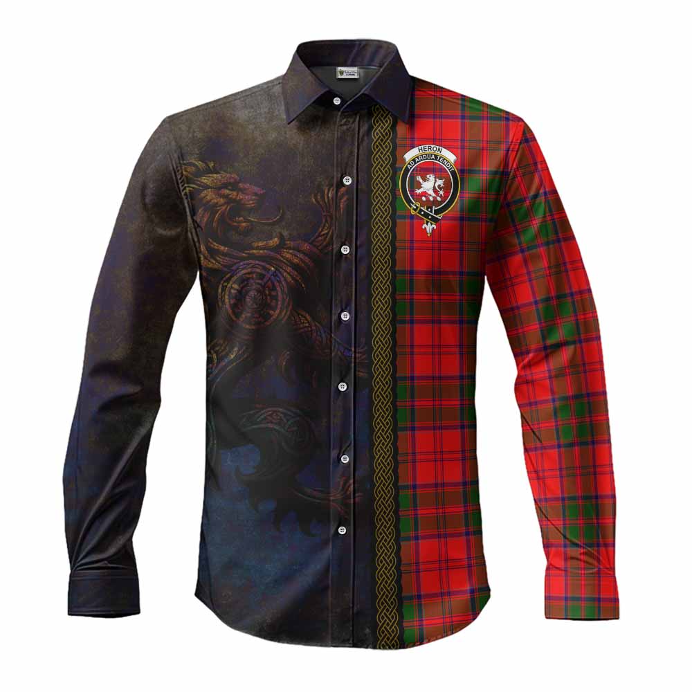 Heron Tartan Family Crest Long Sleeve Button Shirt Alba Gu Brath Be Brave Lion Ancient Style Men's Shirt S - Tartan Vibes Clothing
