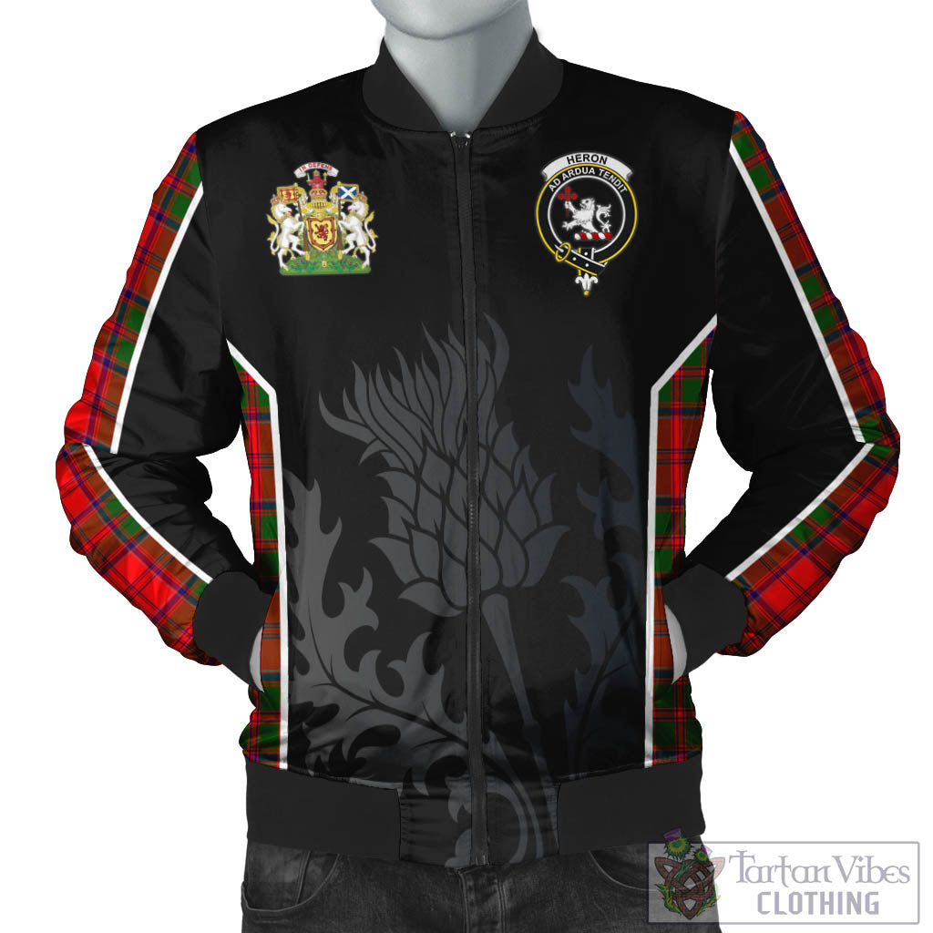 Heron Tartan Bomber Jacket with Family Crest and Scottish Thistle Vibes Sport Style Unisex Black - Tartan Vibes Clothing