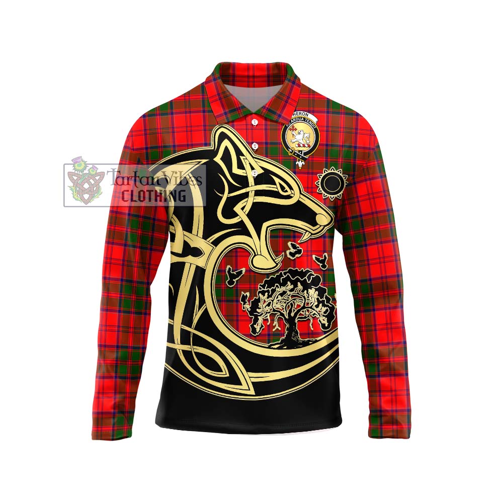 Heron Tartan Long Sleeve Polo Shirt with Family Crest Celtic Wolf Style Unisex - Tartan Vibes Clothing