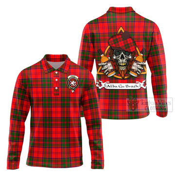 Heron Tartan Long Sleeve Polo Shirt with Family Crest and Bearded Skull Holding Bottles of Whiskey Unisex - Tartan Vibes Clothing