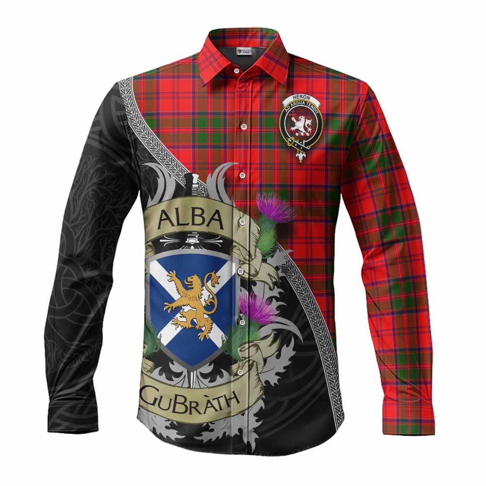 Heron Tartan Family Crest Long Sleeve Button Shirt Lion Rampant Royal Thistle Shield Celtic Inspired Men's Shirt S - Tartan Vibes Clothing