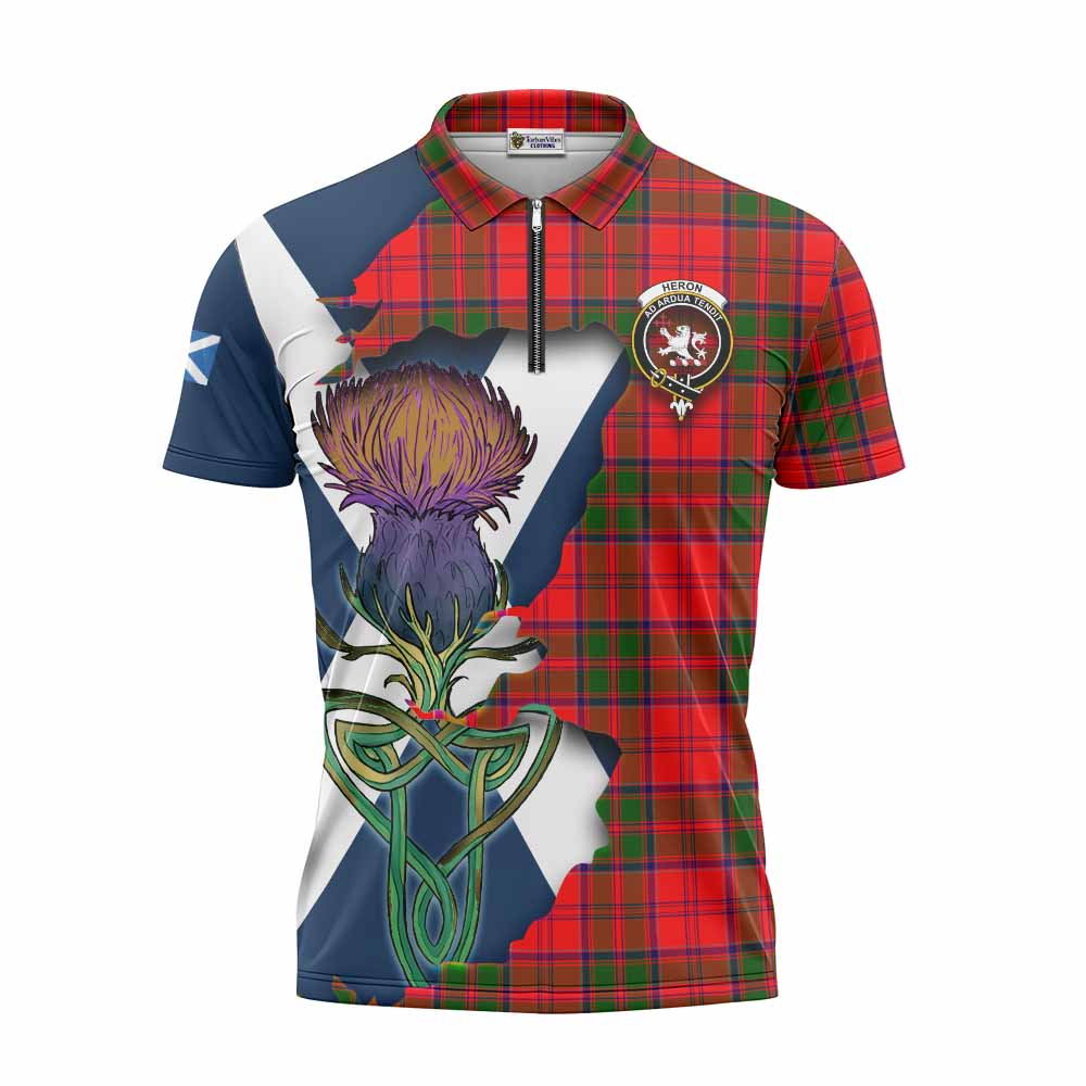 Tartan Vibes Clothing Heron Tartan Family Crest Zipper Polo Shirt Scottish Thistle Celtic Inspired