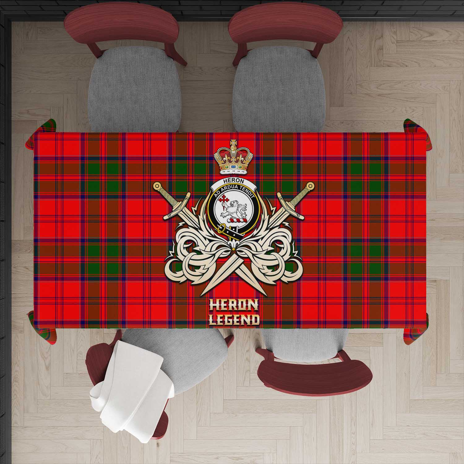 Heron Tartan Tablecloth with Clan Crest and the Golden Sword of Courageous Legacy - Tartan Vibes Clothing
