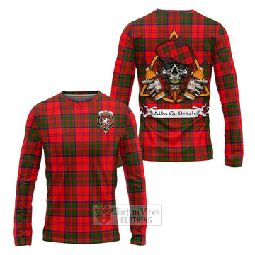 Heron Tartan Long Sleeve T-Shirt with Family Crest and Bearded Skull Holding Bottles of Whiskey Unisex - Tartan Vibes Clothing