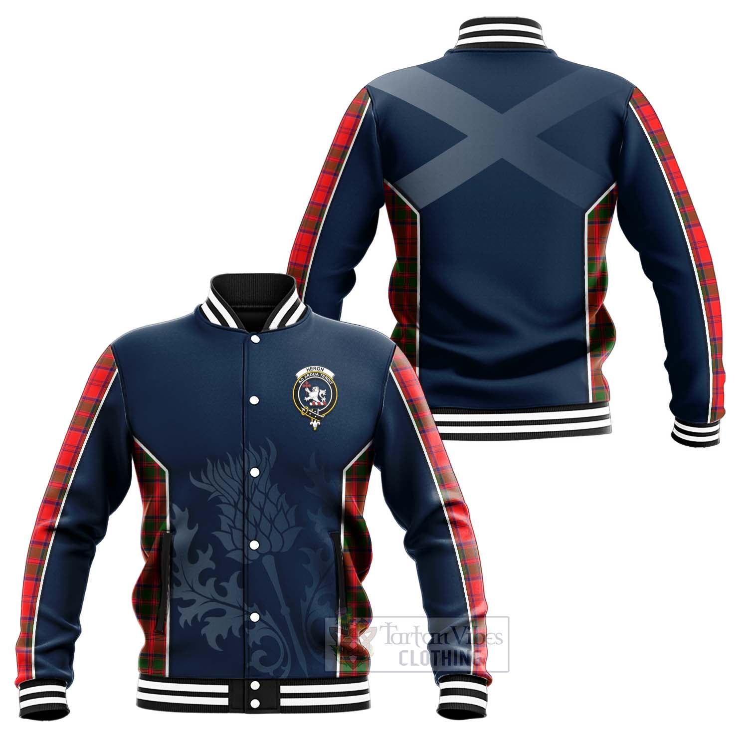 Heron Tartan Baseball Jacket with Family Crest and Scottish Thistle Vibes Sport Style Unisex - Tartan Vibes Clothing