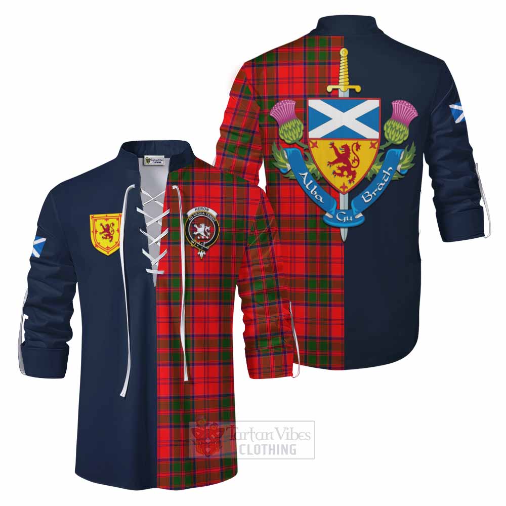Heron Tartan Ghillie Kilt Shirt Alba with Scottish Lion Royal Arm Half Style Men - Tartan Vibes Clothing