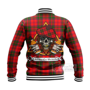Heron Tartan Baseball Jacket with Family Crest and Bearded Skull Holding Bottles of Whiskey - Tartan Vibes Clothing