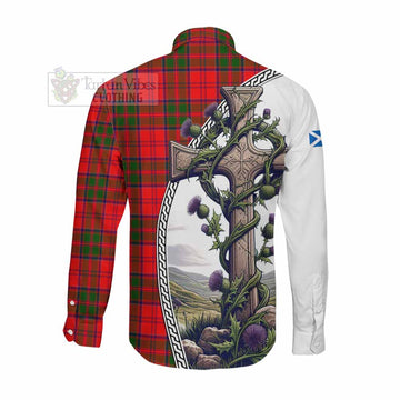 Heron Tartan Long Sleeve Button Shirt with Family Crest and St. Andrew's Cross Accented by Thistle Vines Men's Shirt - Tartan Vibes Clothing