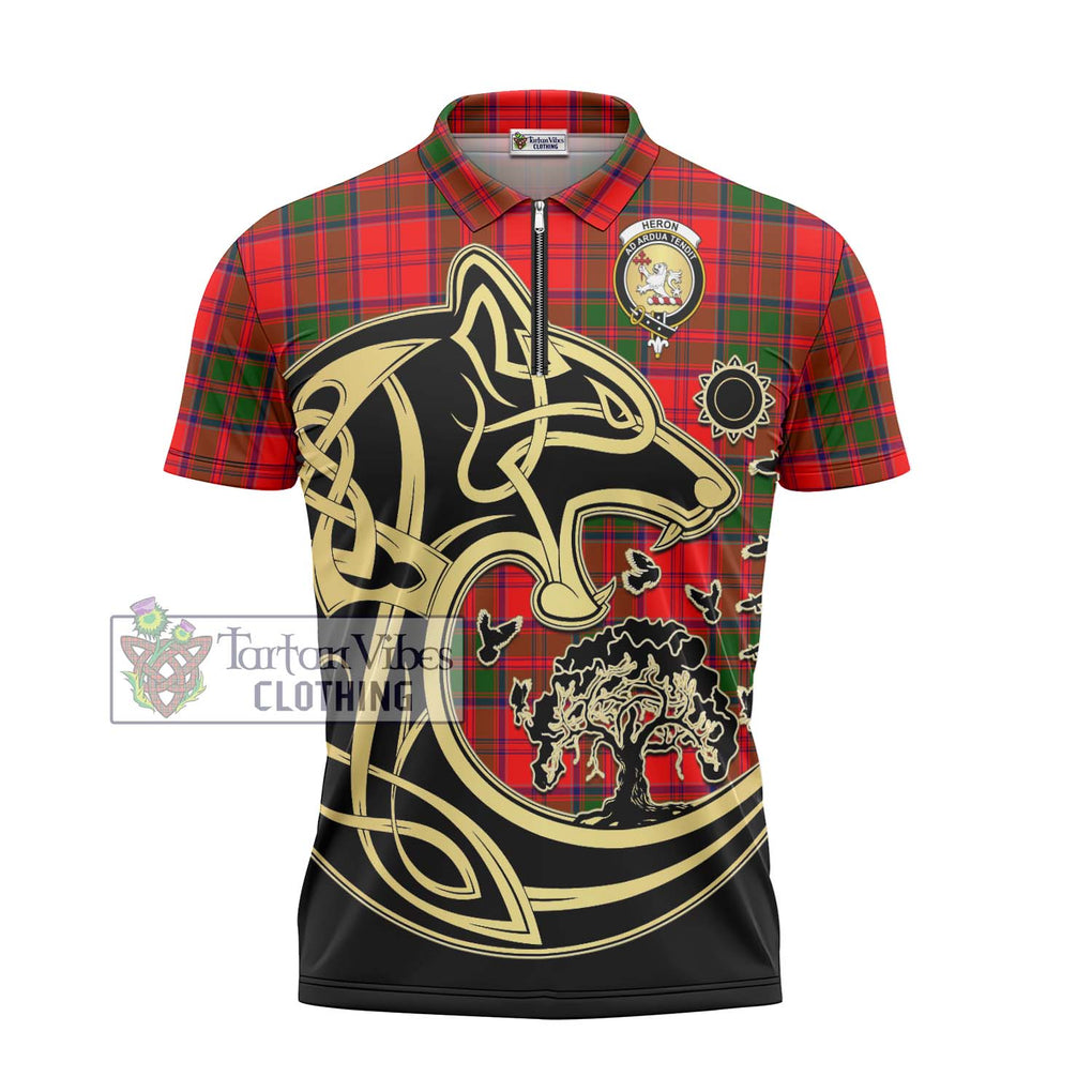 Heron Tartan Zipper Polo Shirt with Family Crest Celtic Wolf Style - Tartan Vibes Clothing