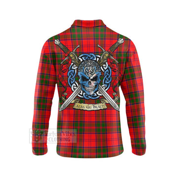 Heron Tartan Long Sleeve Polo Shirt with Family Crest Celtic Skull Style - Tartan Vibes Clothing