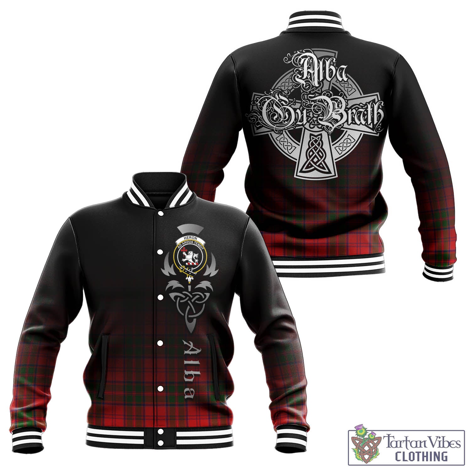 Heron Tartan Baseball Jacket Featuring Alba Gu Brath Family Crest Celtic Inspired - Tartan Vibes Clothing