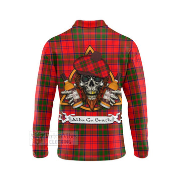 Heron Tartan Long Sleeve Polo Shirt with Family Crest and Bearded Skull Holding Bottles of Whiskey - Tartan Vibes Clothing