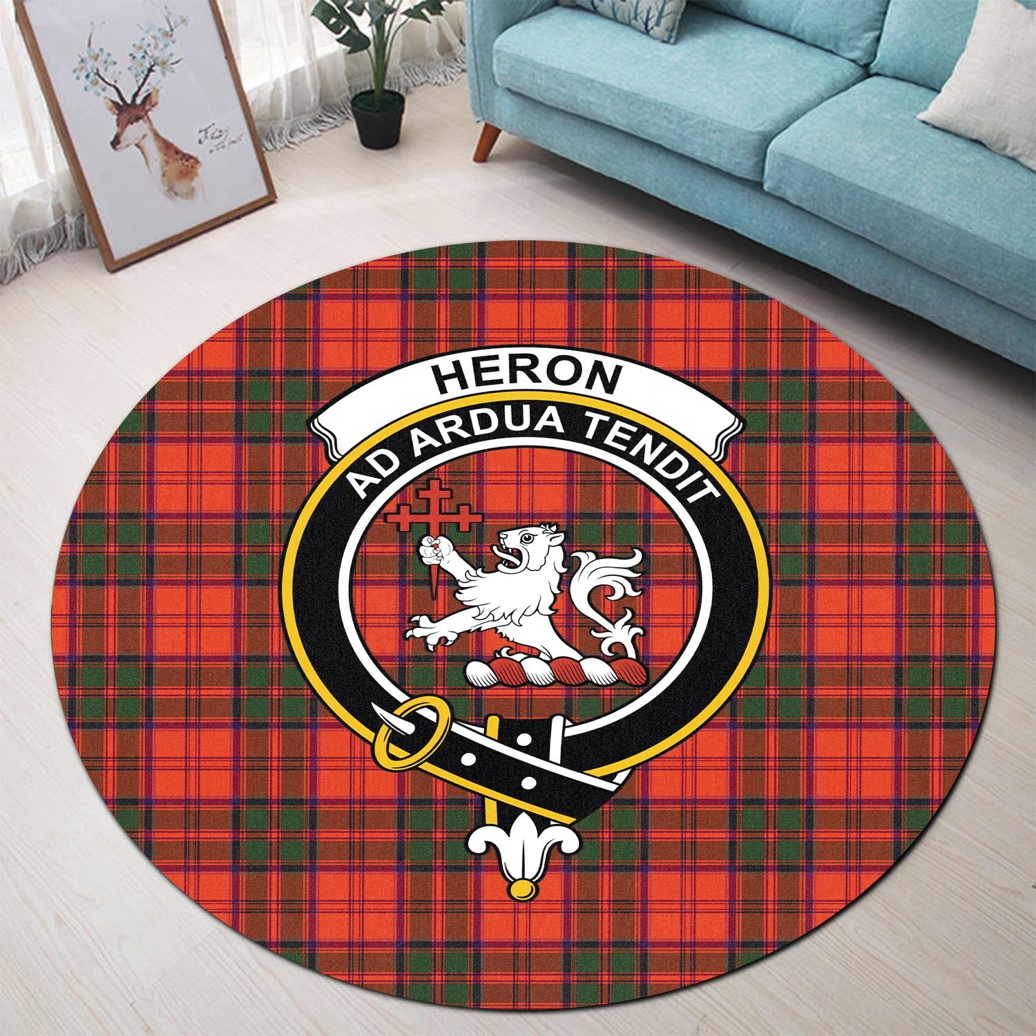 Heron Tartan Round Rug with Family Crest - Tartan Vibes Clothing