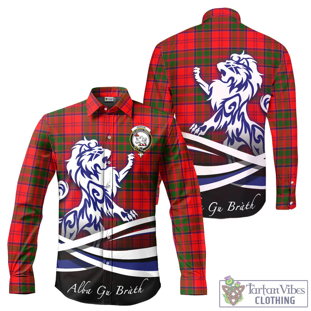 Heron Tartan Long Sleeve Button Up Shirt with Alba Gu Brath Regal Lion Emblem - Tartan Vibes Clothing