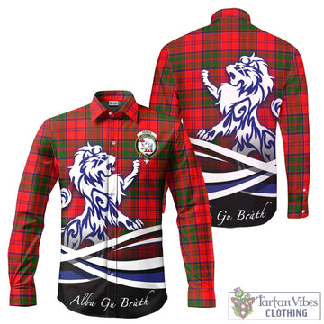 Heron Tartan Long Sleeve Button Up Shirt with Alba Gu Brath Regal Lion Emblem - Tartan Vibes Clothing