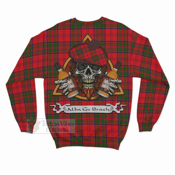 Heron Tartan Sweatshirt with Family Crest and Bearded Skull Holding Bottles of Whiskey - Tartan Vibes Clothing