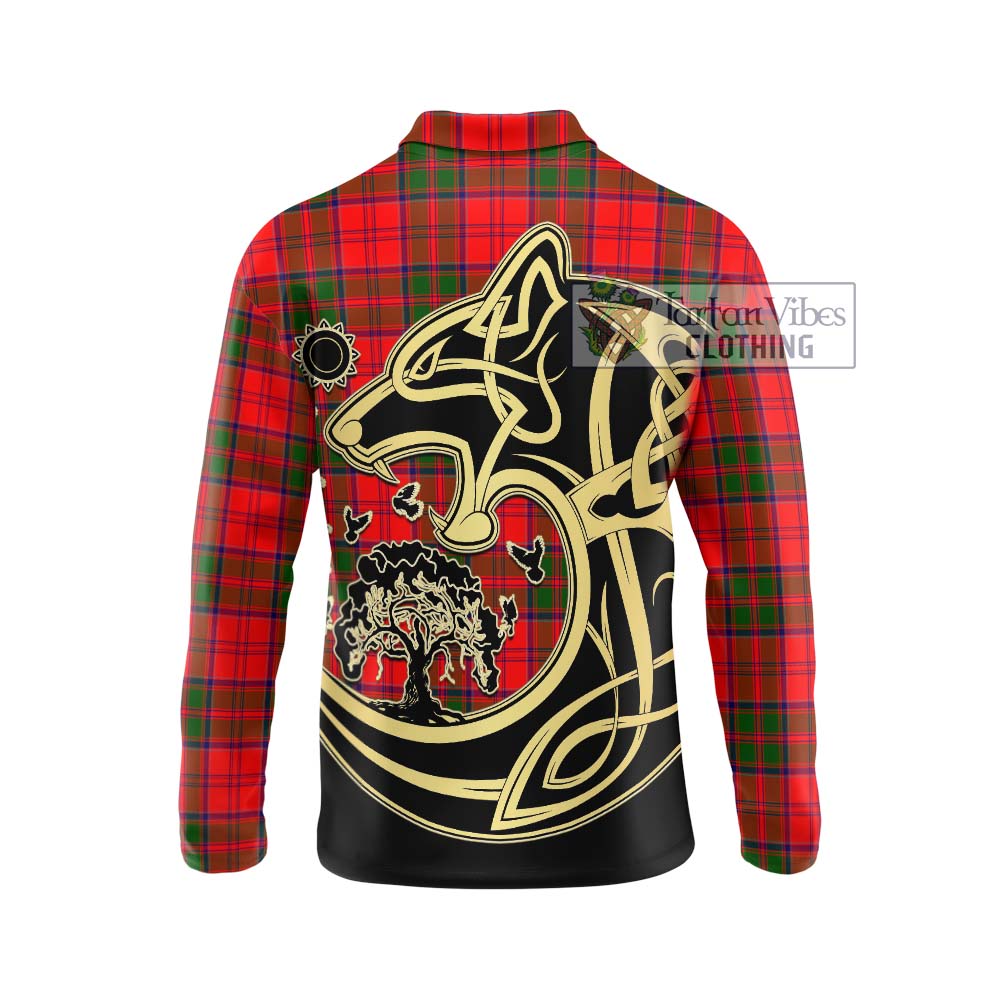 Heron Tartan Long Sleeve Polo Shirt with Family Crest Celtic Wolf Style - Tartan Vibes Clothing