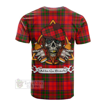 Heron Tartan Cotton T-shirt with Family Crest and Bearded Skull Holding Bottles of Whiskey - Tartan Vibes Clothing