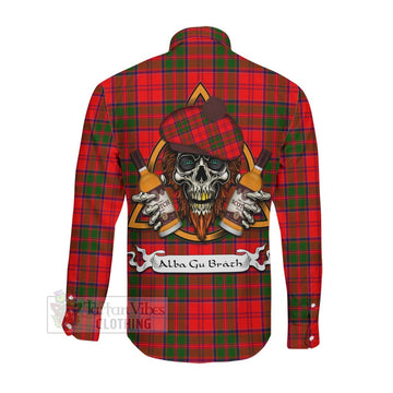 Heron Tartan Long Sleeve Button Shirt with Family Crest and Bearded Skull Holding Bottles of Whiskey Men's Shirt - Tartan Vibes Clothing