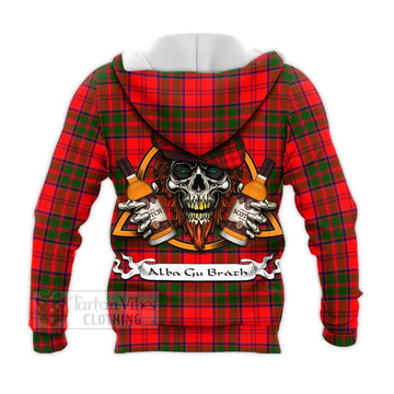 Heron Tartan Knitted Hoodie with Family Crest and Bearded Skull Holding Bottles of Whiskey - Tartan Vibes Clothing