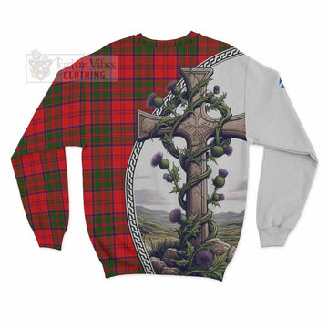 Heron Tartan Sweatshirt with Family Crest and St. Andrew's Cross Accented by Thistle Vines - Tartan Vibes Clothing