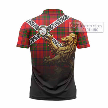 Heron Crest Tartan Zipper Polo Shirt with Golden Lion Emblem Celtic Style - Tartan Vibes Clothing