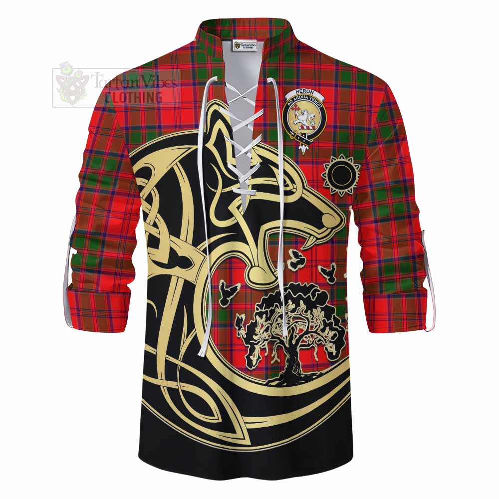 Heron Tartan Ghillie Kilt Shirt with Family Crest Celtic Wolf Style - Tartan Vibes Clothing