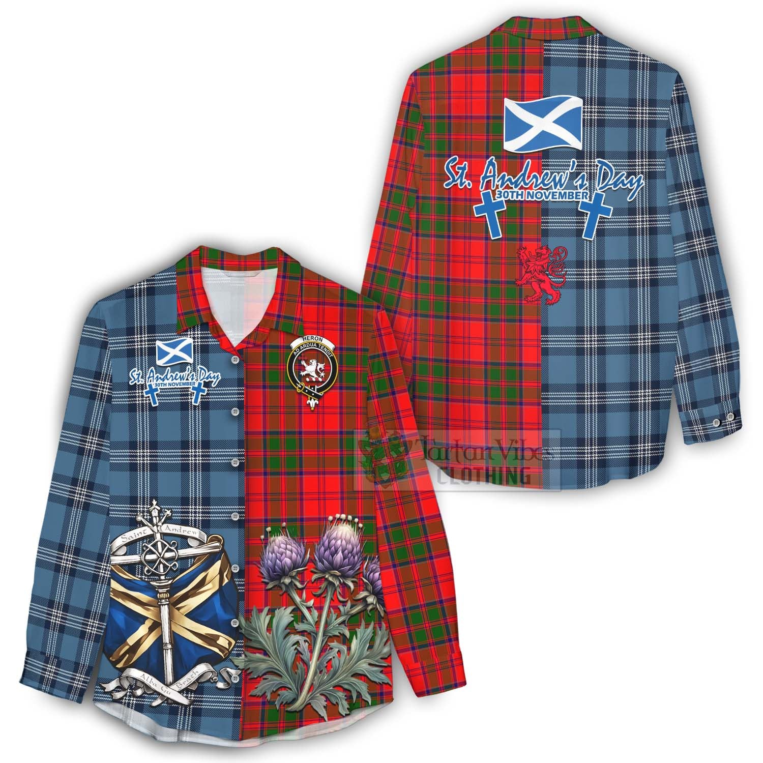 Heron Tartan Women's Casual Shirt Happy St. Andrew's Day Half Tartan Style - Tartan Vibes Clothing