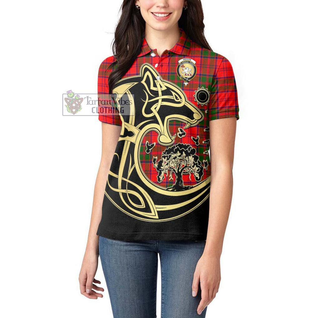 Heron Tartan Women's Polo Shirt with Family Crest Celtic Wolf Style - Tartan Vibes Clothing