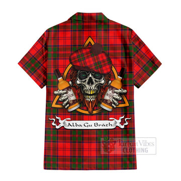 Heron Tartan Hawaiian Shirt with Family Crest and Bearded Skull Holding Bottles of Whiskey - Tartan Vibes Clothing