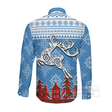 Tartan Vibes Clothing Heron Clan Christmas Long Sleeve Button Shirt Celtic Reindeer Style