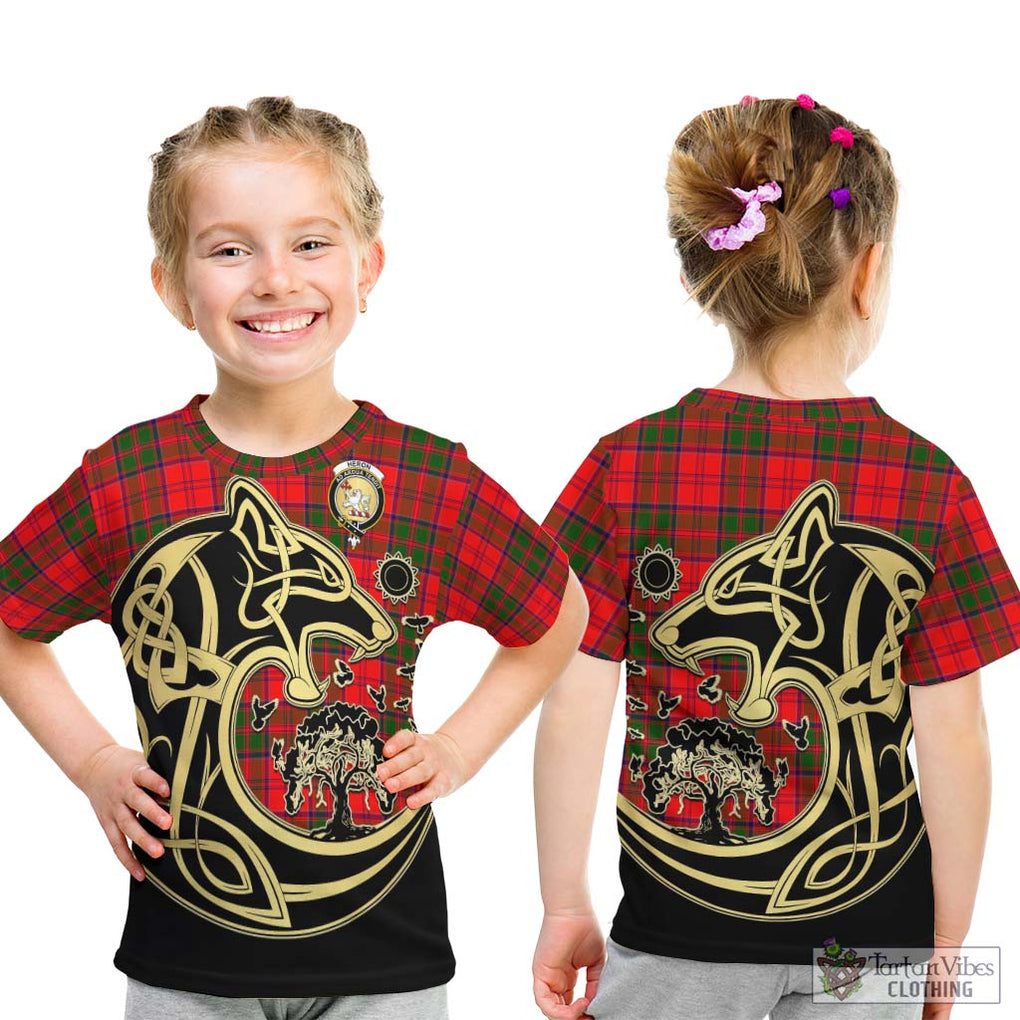 Heron Tartan Kid T-Shirt with Family Crest Celtic Wolf Style - Tartan Vibes Clothing